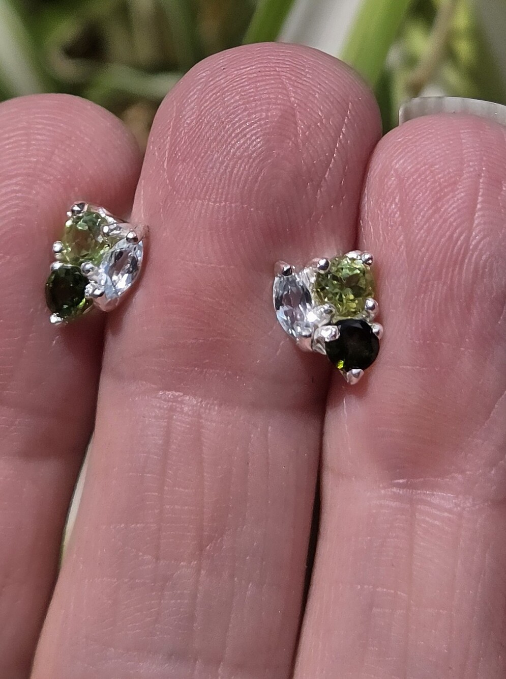Blue Topaz Peridot & Crome Diopside Natural Sterling & White Gold Earrings - Picture 4 of 9